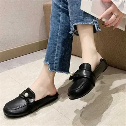 Size:4.5-8.5 Women Fashion Round-toe Imitation Pearl Decorative Loafers - Image 7