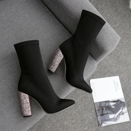 Size:4.5-8.5 Women Fashion Black Suede Heeled Mid-Calf Boots - Image 2