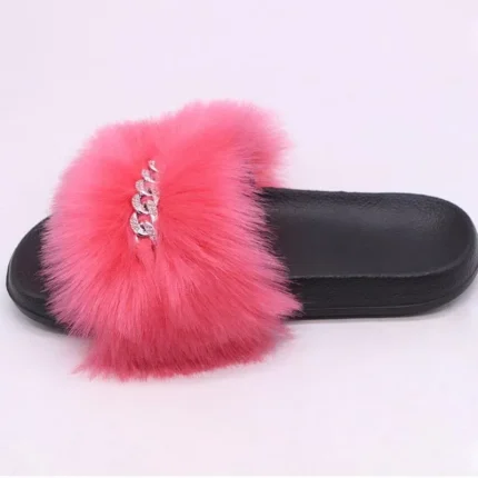 Size:5-13 Women Plush Fashion Rhinestone Metal Chain Fluffy Slippers - Image 3