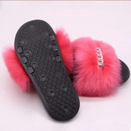 Size:5-13 Women Plush Fashion Rhinestone Metal Chain Fluffy Slippers - Image 4