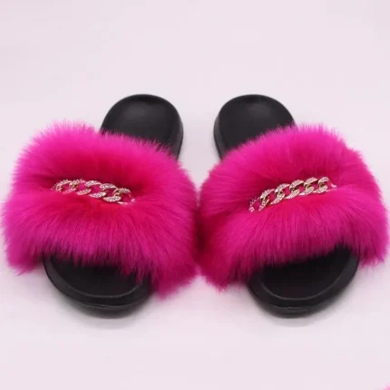 Size:5-13 Women Plush Fashion Rhinestone Metal Chain Fluffy Slippers - Image 5