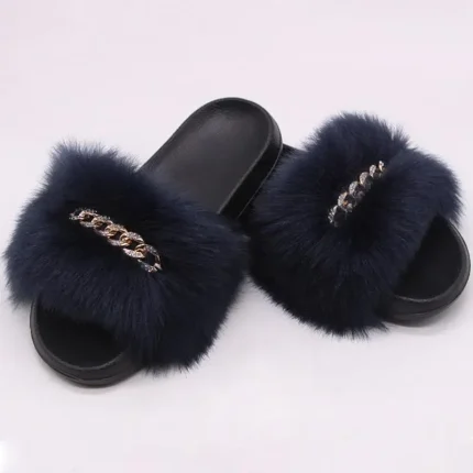 Size:5-13 Women Plush Fashion Rhinestone Metal Chain Fluffy Slippers - Image 6