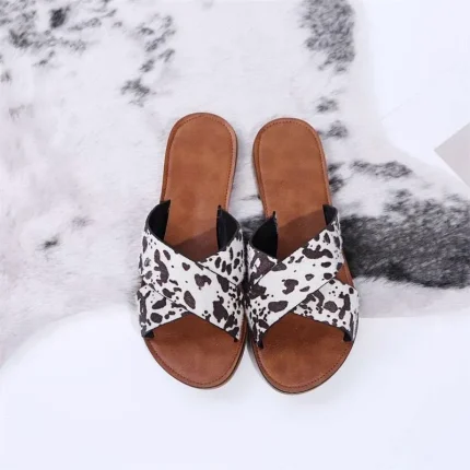 Size:4.5-8.5 Women Fashion Color Blocking Cow Printed Slippers - Image 8