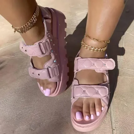 Size:5-11 Women Simple Style Solid Color Velcro Sandals - Image 5