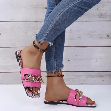 Size:4.5-11Women Fashion Snakeskin Printed Metal Decoration Slippers - Image 5