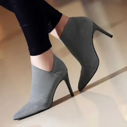 Size:4.5-9 Women Solid Color Pointed-Toe Heeled Low Top Short Boots - Image 7