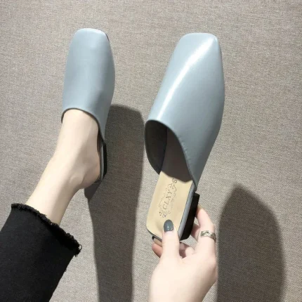 Women Fashion Summer Square Toe Solid Color Cover Toe PU Mules Slippers - Image 3