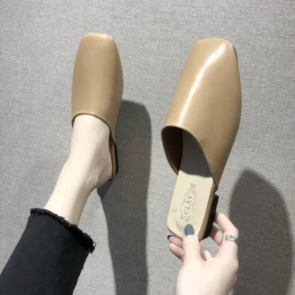 Women Fashion Summer Square Toe Solid Color Cover Toe PU Mules Slippers - Image 4
