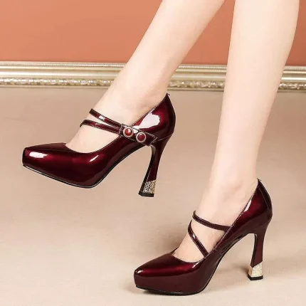 Spring And Autumn High-Heeled Women Thick Heel Elegant Platform Patent Leather Pumps - Image 4