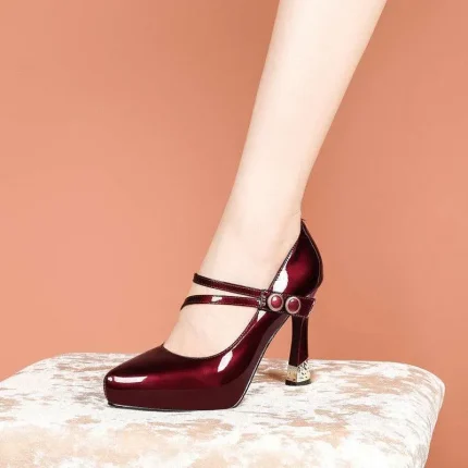 Spring And Autumn High-Heeled Women Thick Heel Elegant Platform Patent Leather Pumps - Image 6