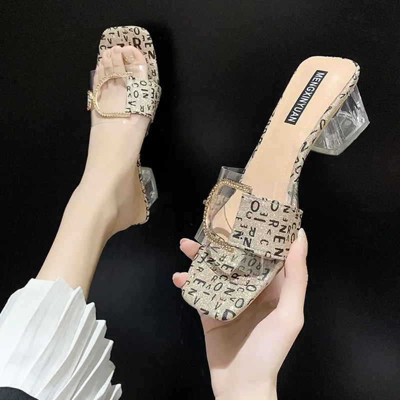 7DD6AAE647_166225.webp Women Creativee Irregular Letter Pattern Transparent Upper Metal Shoe Buckle Square Heel Work Shoes Ourwear Slippers - Image 1