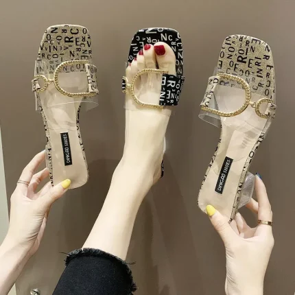 Women Creativee Irregular Letter Pattern Transparent Upper Metal Shoe Buckle Square Heel Work Shoes Ourwear Slippers - Image 3