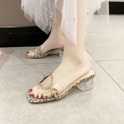 Women Creativee Irregular Letter Pattern Transparent Upper Metal Shoe Buckle Square Heel Work Shoes Ourwear Slippers - Image 7