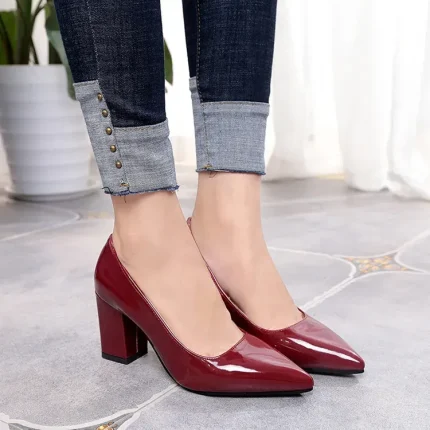 Women Elegant Solid Color PU Upper Pointed Toe Thick-heeled Pumps Work Shoes