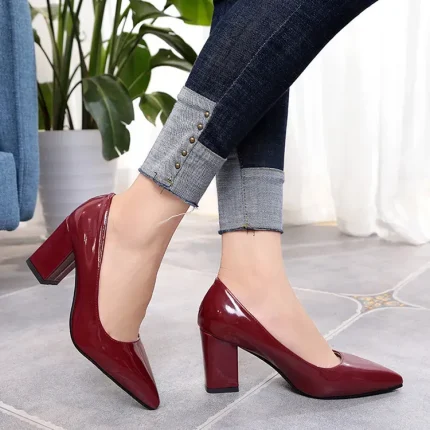 Women Elegant Solid Color PU Upper Pointed Toe Thick-heeled Pumps Work Shoes - Image 3