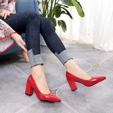 Women Elegant Solid Color PU Upper Pointed Toe Thick-heeled Pumps Work Shoes - Image 4