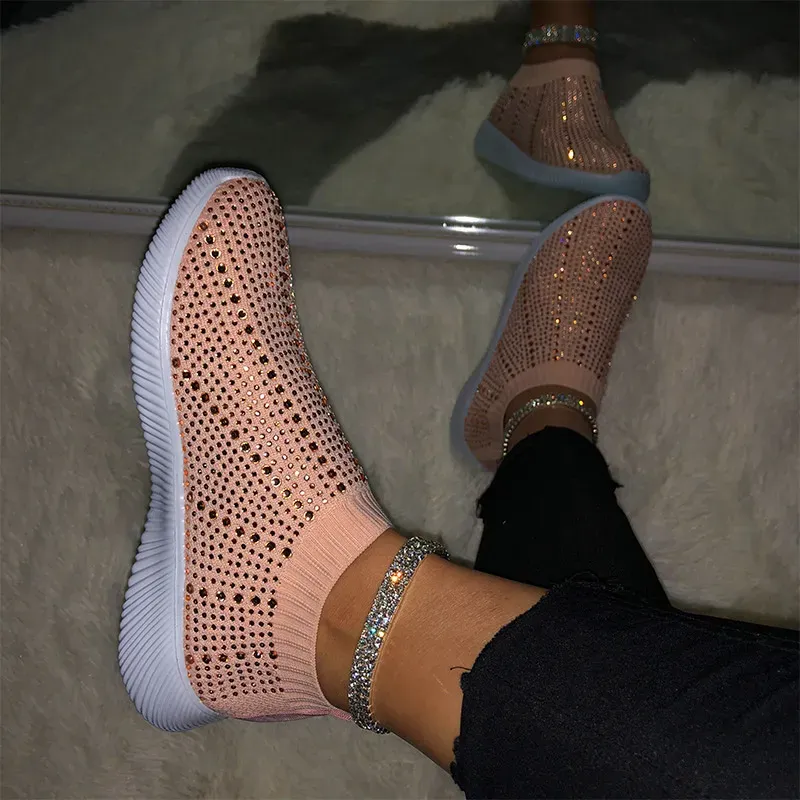 ALYX0527_168346.webp Size:4.5-11 Women Shiny Rhinestone Decor Flying-woven Upper Sneakers Shoes - Image 1