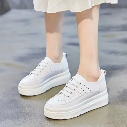 Size:4.5-9 Women Leisure Platform Pattern Solid Color Leather Sneakers Shoes - Image 5