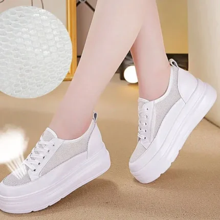 Size:4.5-9 Women Leisure Platform Pattern Solid Color Leather Sneakers Shoes - Image 6