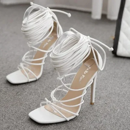 Size:4.5-9 Women Summer Casual Candy Color Strap Bandage Square-toe Heels Sandals - Image 3