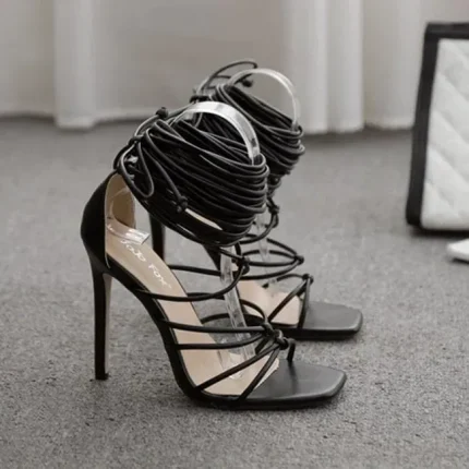 Size:4.5-9 Women Summer Casual Candy Color Strap Bandage Square-toe Heels Sandals - Image 4