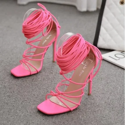 Size:4.5-9 Women Summer Casual Candy Color Strap Bandage Square-toe Heels Sandals - Image 5