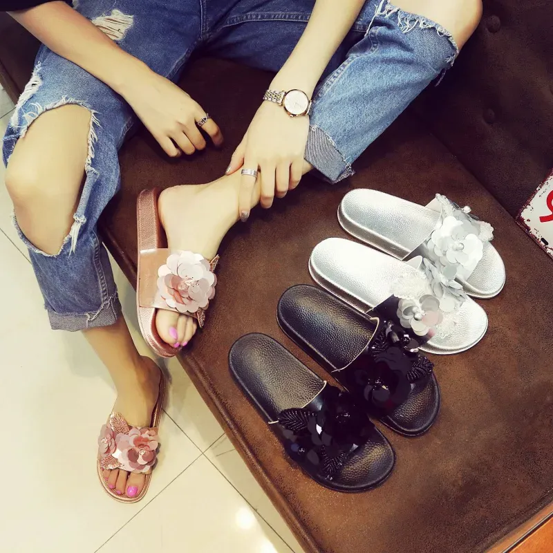 SY1408_168699.webp Size:5-9Women Fashion Sequins Flowers Flats Slippers Shoes - Image 1