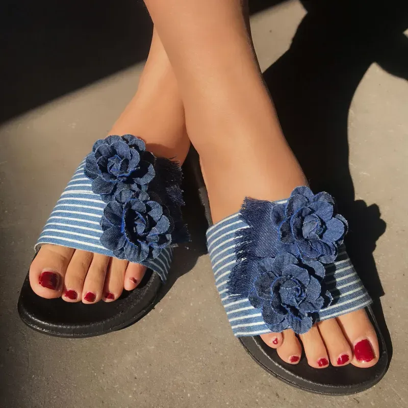 SY1412_168760.webp Size:5-9 Women Fashion Denim Flowers Flats Slippers Shoes - Image 1