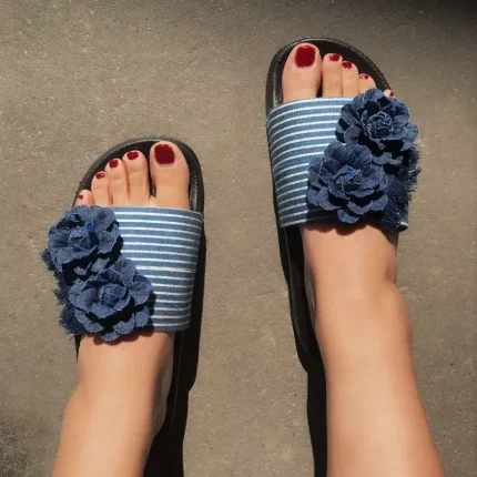 Size:5-9 Women Fashion Denim Flowers Flats Slippers Shoes - Image 4