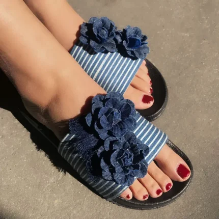 Size:5-9 Women Fashion Denim Flowers Flats Slippers Shoes - Image 5