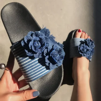 Size:5-9 Women Fashion Denim Flowers Flats Slippers Shoes - Image 6