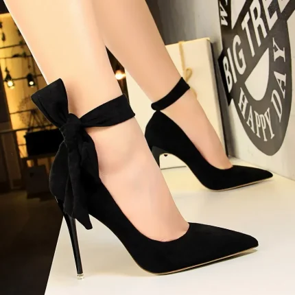 Elegant Women Solid Color Suede Upper Ankle Strap Stiletto Super High Heel Pumps - Image 4