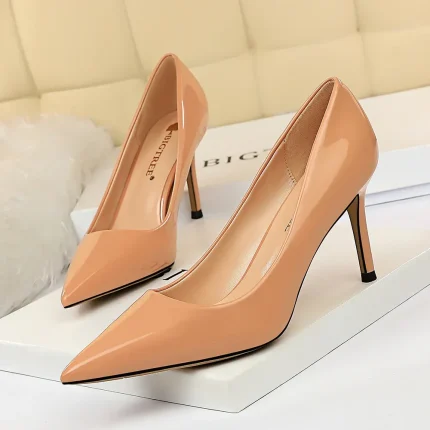 Women Fashion Basic Bright Color PU Pointed Toe Stiletto High Heel Pumps - Image 4