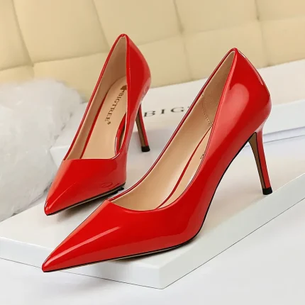 Women Fashion Basic Bright Color PU Pointed Toe Stiletto High Heel Pumps - Image 5