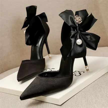 Women Fashion Wedding Bridal 7cm 10cm High Heels Satin Sweet Bowknot Stiletto Pointed Toe Pumps - Image 3