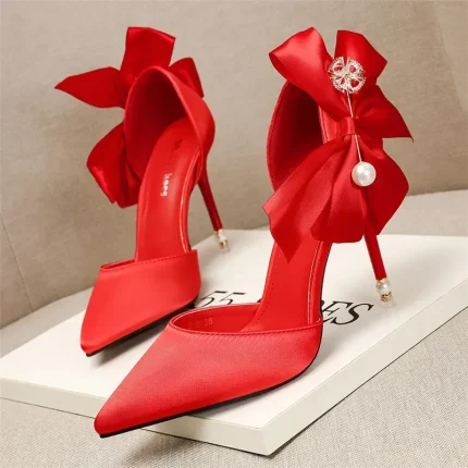 Women Fashion Wedding Bridal 7cm 10cm High Heels Satin Sweet Bowknot Stiletto Pointed Toe Pumps - Image 4