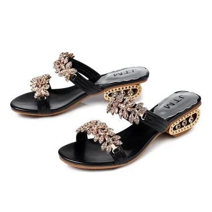 Women Summer Rhinestone Decoration Round Open Toe Outdoor Beach Low Heel Slippers - Image 6