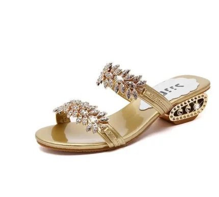 Women Summer Rhinestone Decoration Round Open Toe Outdoor Beach Low Heel Slippers - Image 8