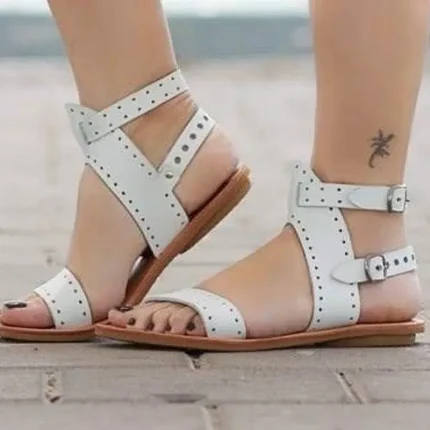 Women Casual Round Open Toe Double Buckle Design Flat Sandals - Image 3
