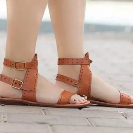 Women Casual Round Open Toe Double Buckle Design Flat Sandals - Image 4