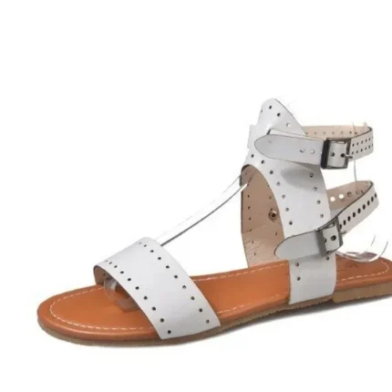 Women Casual Round Open Toe Double Buckle Design Flat Sandals - Image 5