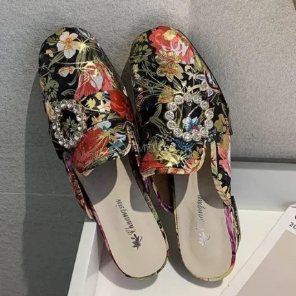 Women Ethnic Flower Pattern Rhinestone Decorative Chunky Middle Heel Slippers - Image 4