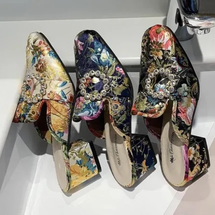 Women Ethnic Flower Pattern Rhinestone Decorative Chunky Middle Heel Slippers - Image 5