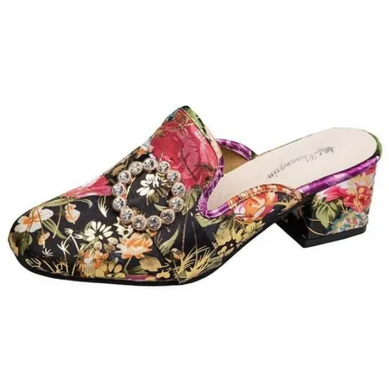 Women Ethnic Flower Pattern Rhinestone Decorative Chunky Middle Heel Slippers - Image 6