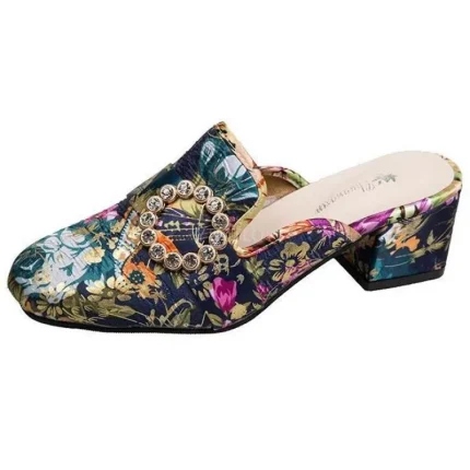 Women Ethnic Flower Pattern Rhinestone Decorative Chunky Middle Heel Slippers - Image 7