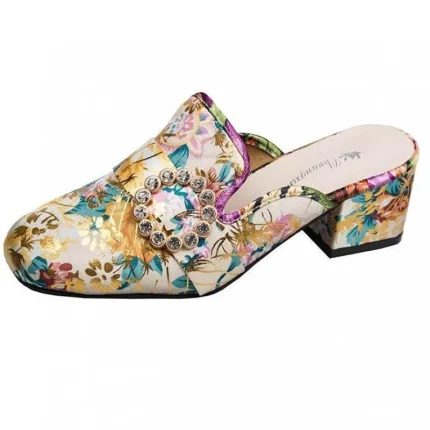 Women Ethnic Flower Pattern Rhinestone Decorative Chunky Middle Heel Slippers - Image 8